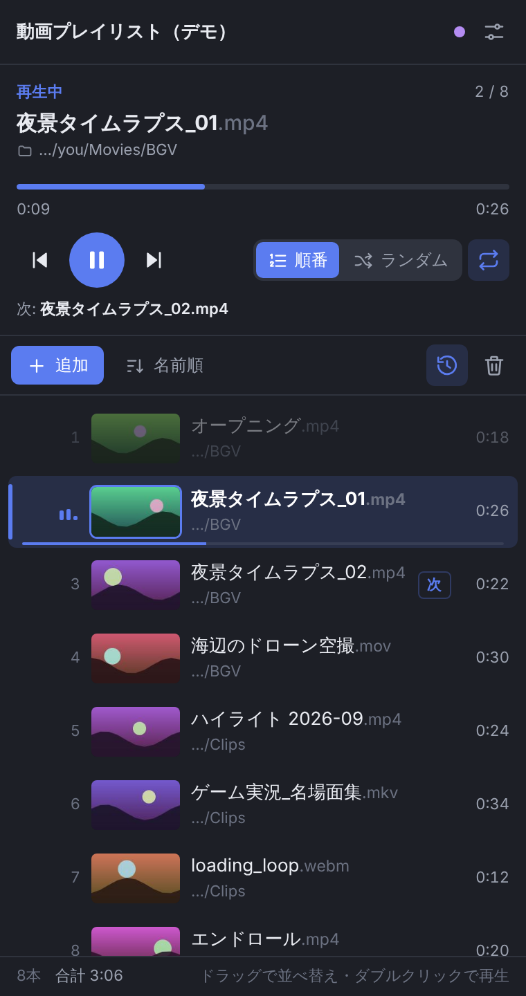 動画プレイリストのドック。再生中の動画、次の動画、再生済みの動画がサムネイルと再生時間つきで縦に並んでいる